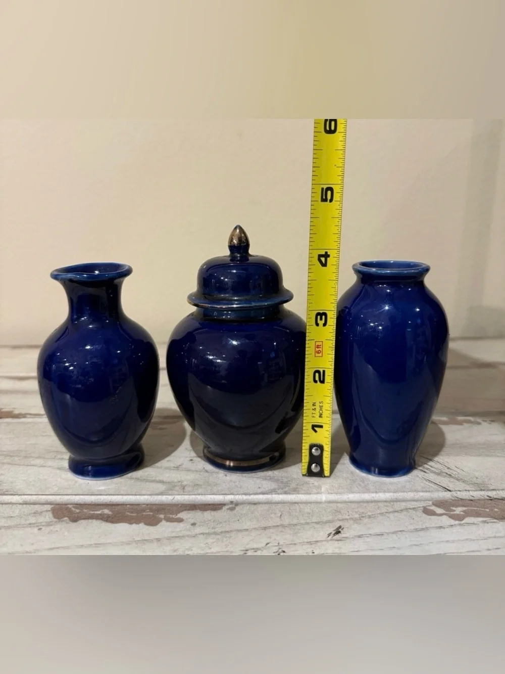 Sato Gordon Japan Cobalt Blue Peacock Floral Ginger Jar & Vases Set C